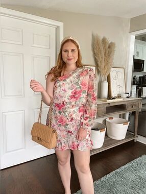 Express Metallic Floral One Shoulder Pleated Faux Wrap Front Romper Large NWT